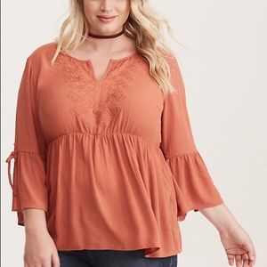 TORRID CROCHET NECK GAUZE BELL SLEEVE BLOUSE